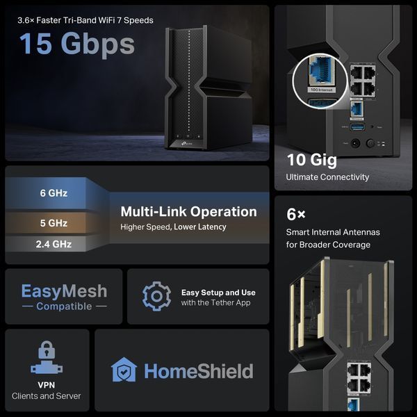Маршрутизатор TP-LINK Archer BE700 BE15000, 3xGE LAN, 1x2.5GE LAN, 1x10GE WAN, 1xUSB3.0 MESH ARCHER-BE700 фото Маршрутизатор TP-LINK Archer BE700 BE15000, 3xGE LAN, 1x2.5GE LAN, 1x10GE WAN, 1xUSB3.0 MESH ARCHER-BE700 фото