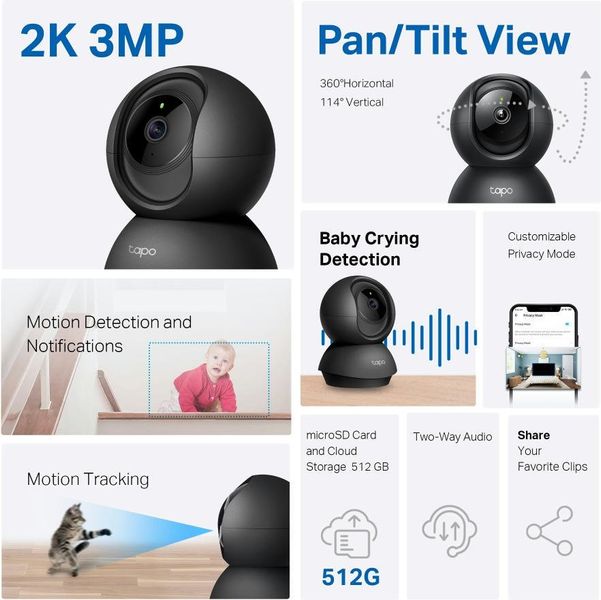IP-Камера TP-LINK Tapo C211 3MP N300 microSD motion detection чорна TAPO-C211 фото