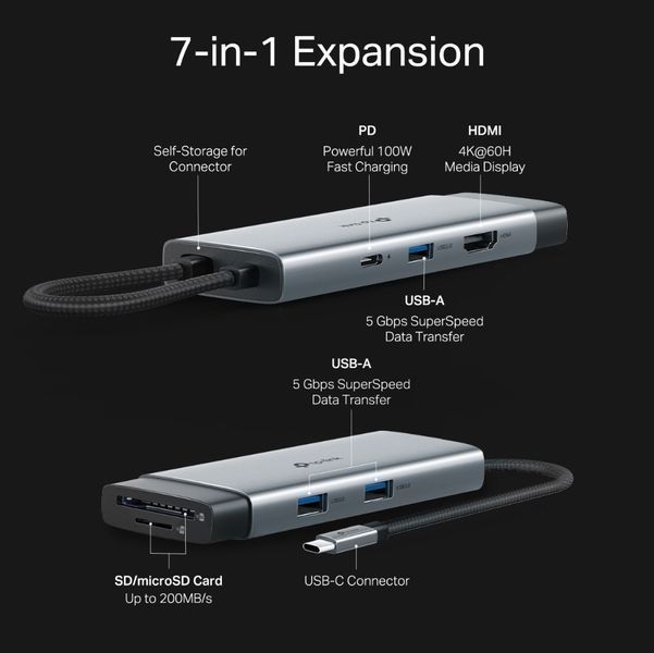 Хаб USB TP-LINK UH7021C USB-C > 3xUSB3.0/1xHDMI/1xSD/1xmicroSD/1xPD 100Wh UH7021C фото