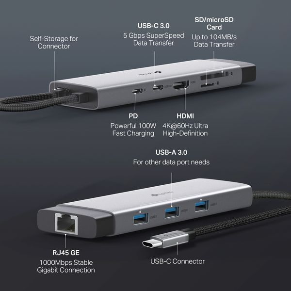 Хаб USB TP-LINK UH9120C USB-C > 3xUSB3.0/1xUSB-C/xHDMI/1xRJ45/1xSD/1xmicroSD/1xPD 100Wh UH9120C фото