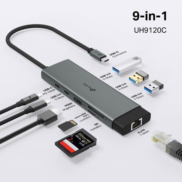 Хаб USB TP-LINK UH9120C USB-C > 3xUSB3.0/1xUSB-C/xHDMI/1xRJ45/1xSD/1xmicroSD/1xPD 100Wh UH9120C фото