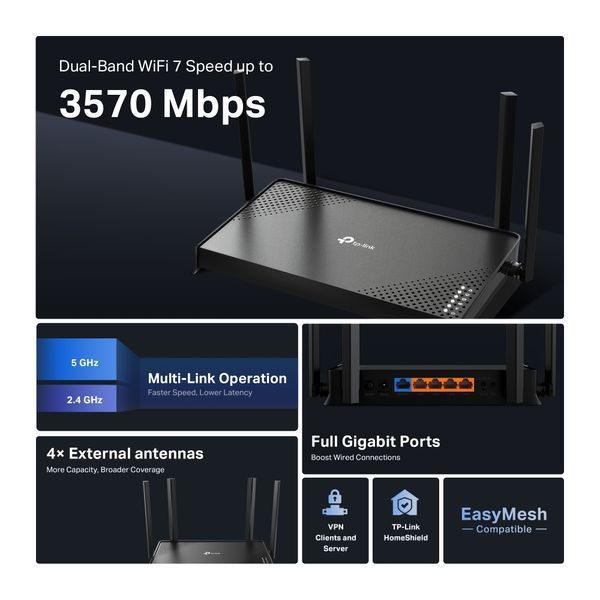 Маршрутизатор TP-LINK Archer BE220 BE3600, 4xGE LAN, 1xGE WAN, MESH ARCHER-BE220 фото