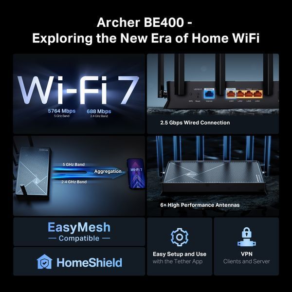 Маршрутизатор TP-LINK Archer BE400 BE6500, 3xGE LAN, 1x2.5GE LAN, 1x2.5GE WAN, 1xUSB3.0 MESH ARCHER-BE400 фото