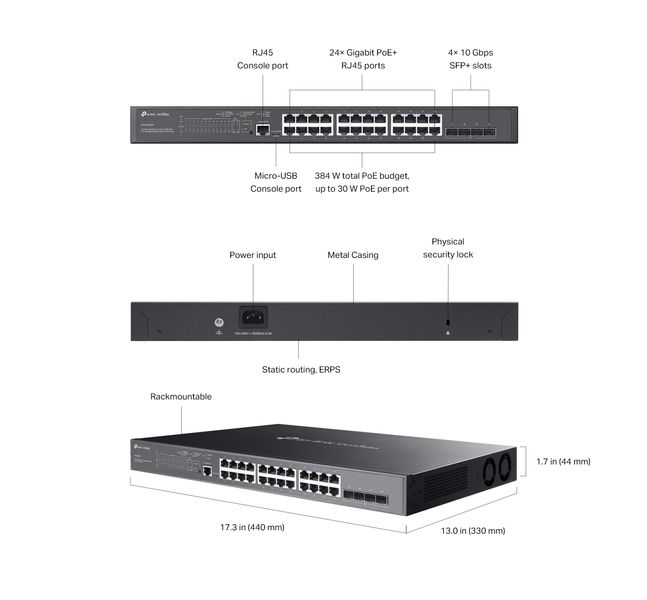 Комутатор TP-LINK SG3428XMP 24xGE (24xPoE), 4xSFP+, 384Вт, Керований L2 SG3428XMP фото